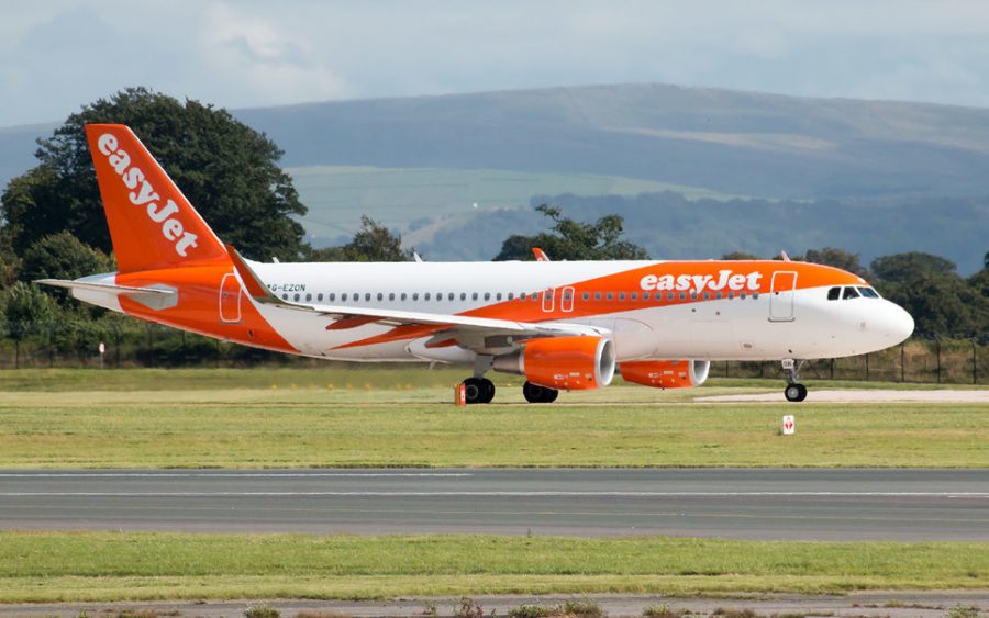 Manchester, United Kingdom - August 27, 2015: easyJet A319 narrow-body passenger plane (G-EZON) taxiing on Manchester International Airport tarmac before departure.